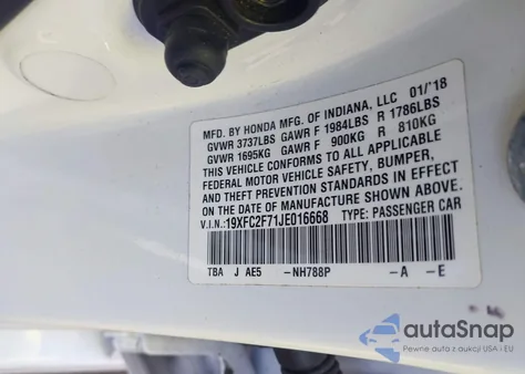 2018 Honda Civic Ex from USA, damaged, VIN 19XFC2F71JE016668